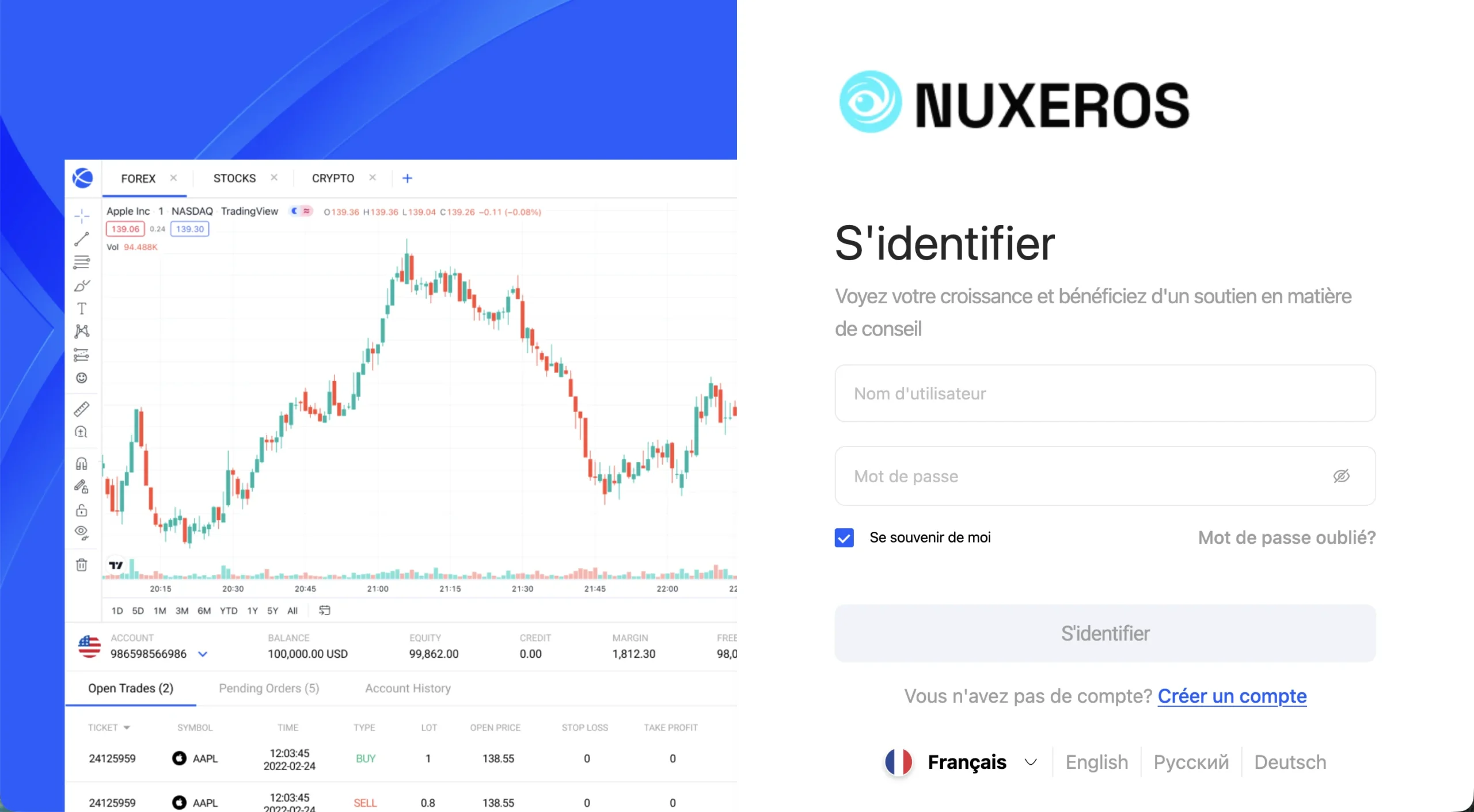 Page d'identification du site Nuxeros affichée à côté d'un graphique boursier à chandeliers.