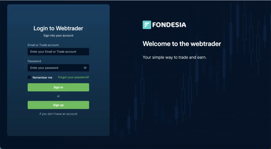 Capture d'écran de l'interface d'authentification Fondesía pour accéder à l'espace Webtrader.