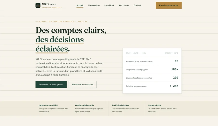 Interface web Mir Finance affichant le slogan Des comptes clairs, des décisions éclairées et un tableau de bord simplifié avec des indicateurs financiers.