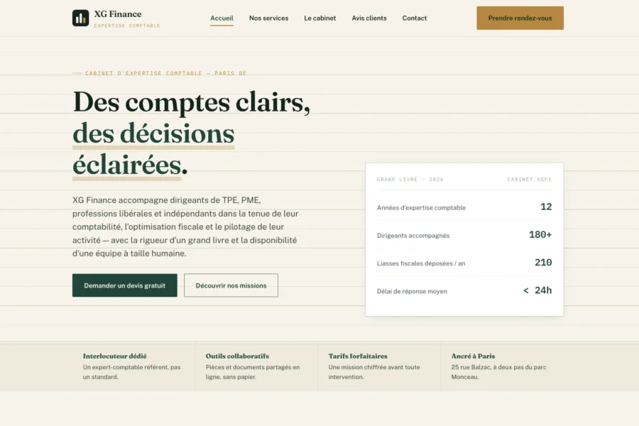 Interface web Mir Finance affichant le slogan Des comptes clairs, des décisions éclairées et un tableau de bord simplifié avec des indicateurs financiers.