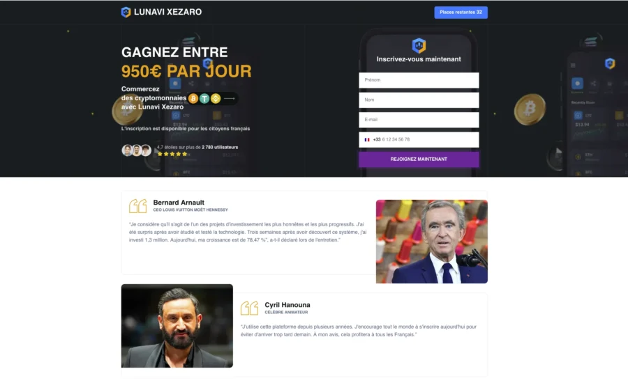 Capture d'écran d'un site sombre affichant une promesse de gain de 950 euros par jour et de faux témoignages.