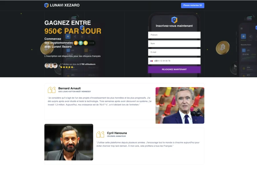 Capture d'écran d'un site sombre affichant une promesse de gain de 950 euros par jour et de faux témoignages.