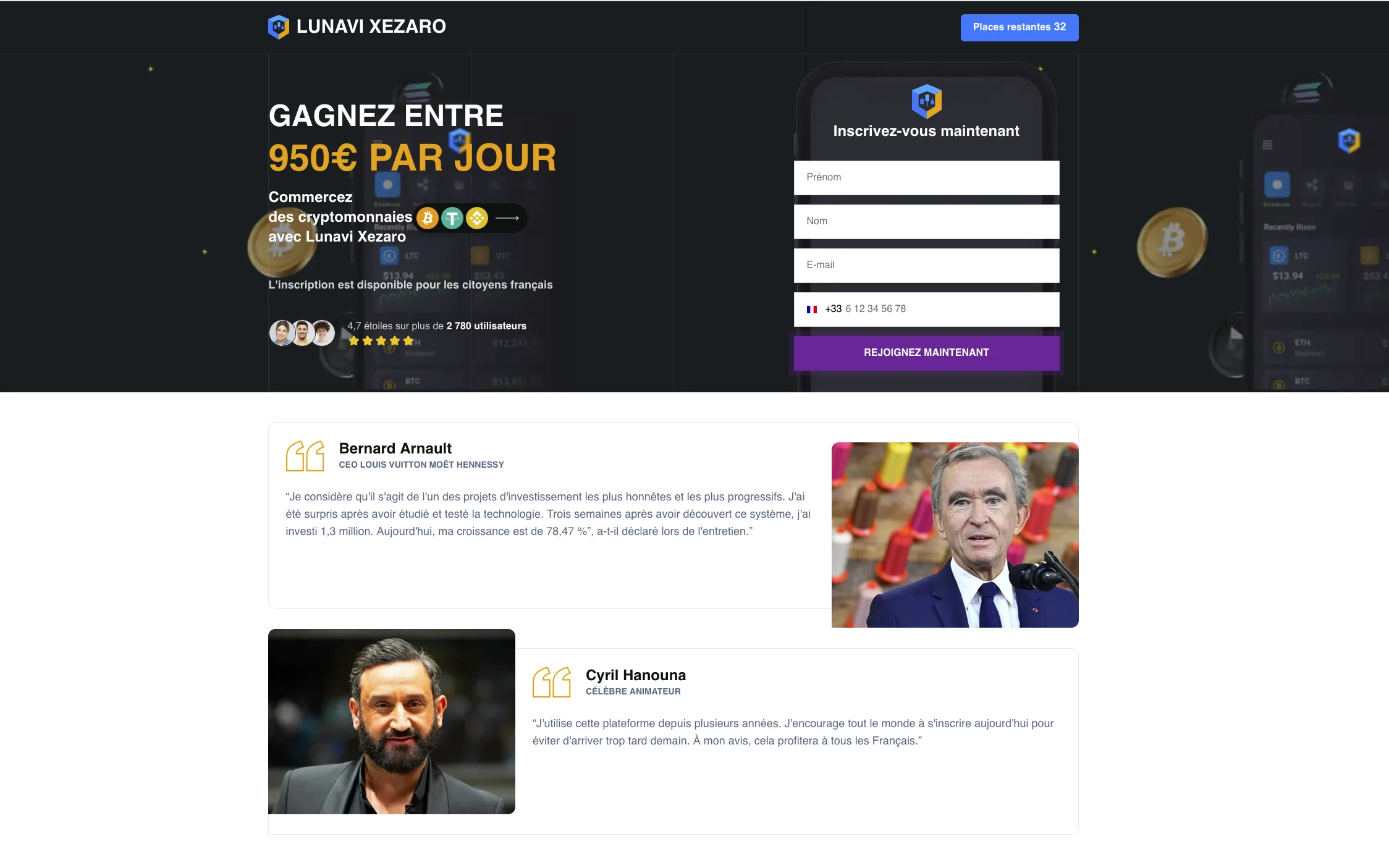 Capture d'écran d'un site sombre affichant une promesse de gain de 950 euros par jour et de faux témoignages.