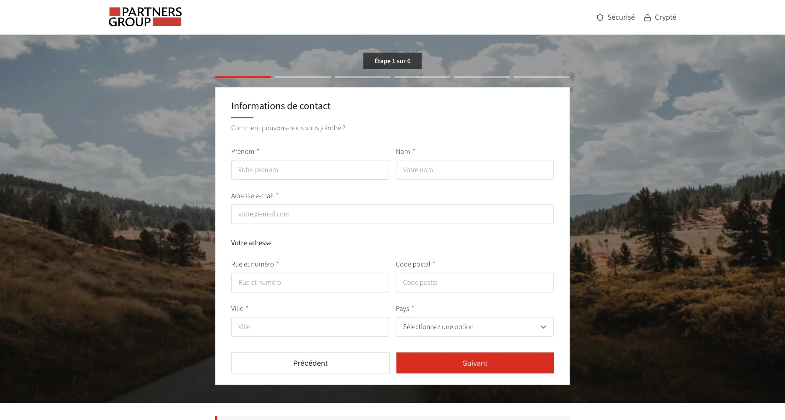Page de contact d'un site web avec logo PartnerIQ Group formant un formulaire de saisie sur un fond de paysage.
