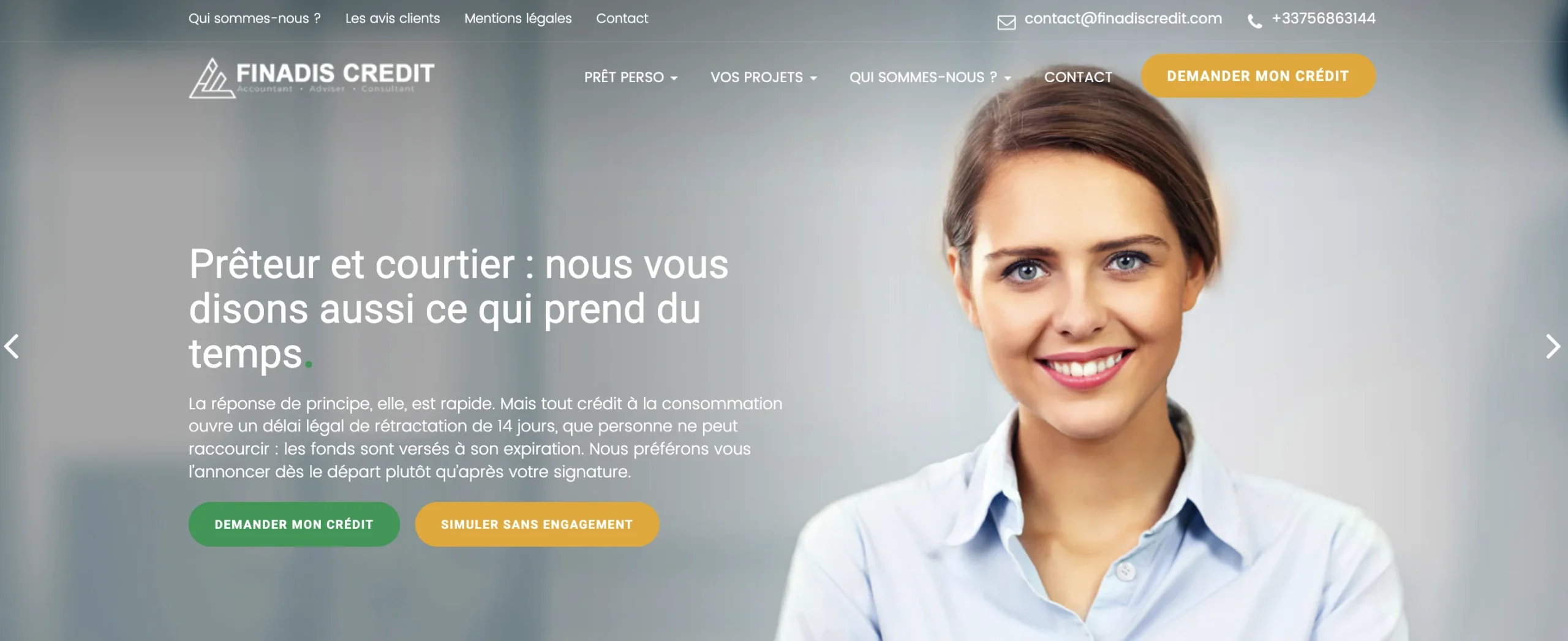 Interface web de Finadis Credit affichant une femme souriante et un message publicitaire principal sur un fond gris.