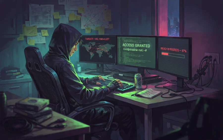 Personne cagoulée travaillant sur un poste informatique dans une pièce sombre.