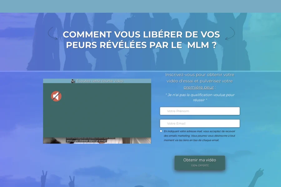 Page web proposant une inscription en ligne au sujet de la sortie des peurs découlant d'une expérience en MLM.
