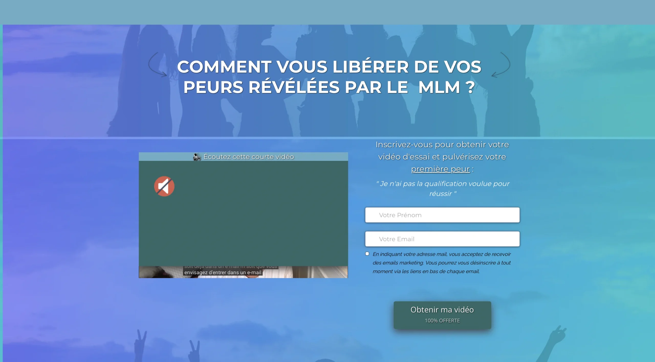 Page web proposant une inscription en ligne au sujet de la sortie des peurs découlant d'une expérience en MLM.