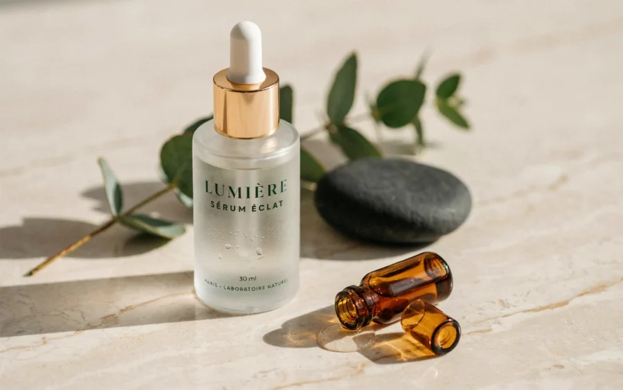 Bouteille de sérum LUMIÈRE sans écluses posée sur une surface de marbre claire, entourée de feuilles vertes et d'une pierre noire.