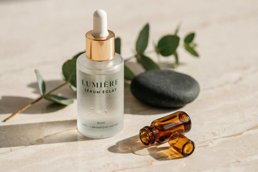 Bouteille de sérum LUMIÈRE sans écluses posée sur une surface de marbre claire, entourée de feuilles vertes et d'une pierre noire.