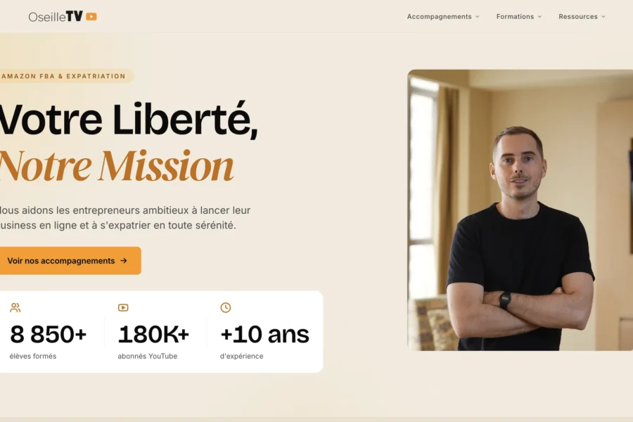 Mise en page d'une landing page avec le slogan Votre Liberté Notre Mission et le portrait d'un homme.