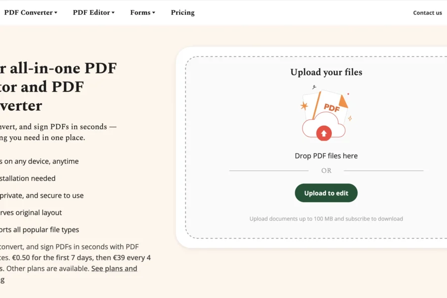 Interface web du service PDF Converter avec zone de dépôt de fichiers et bouton d'essai gratuit visible.