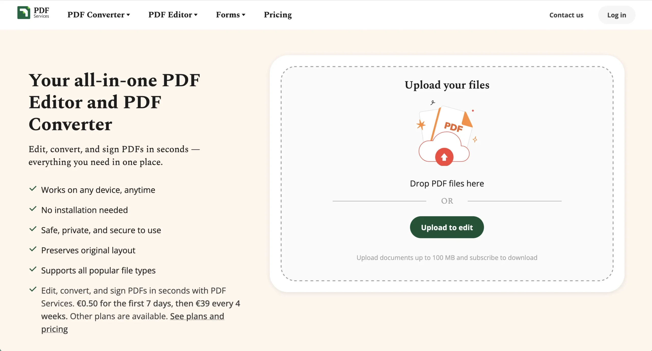 Interface web du service PDF Converter avec zone de dépôt de fichiers et bouton d'essai gratuit visible.