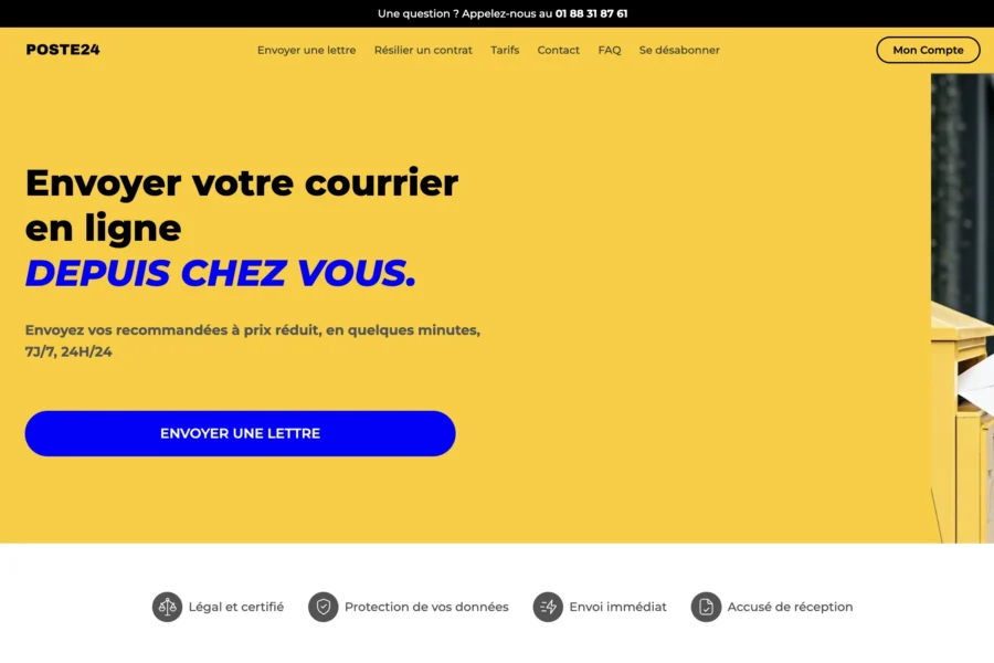 Page d'accueil du site Postal.fr affichant un fond jaune, le titre 'Envoyer votre courrier en ligne' et l'image d'une main déposant un document dans une boîte aux lettres.