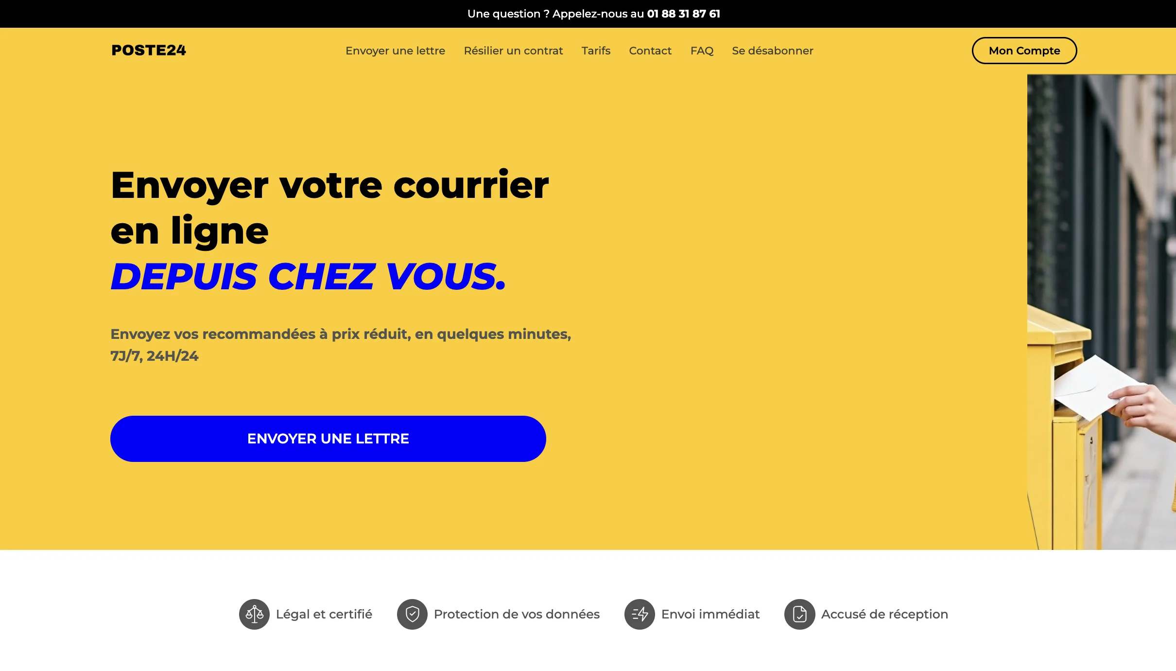 Page d'accueil du site Postal.fr affichant un fond jaune, le titre 'Envoyer votre courrier en ligne' et l'image d'une main déposant un document dans une boîte aux lettres.