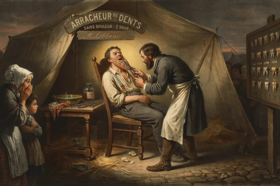 Peinture représentant un homme réalisant une extraction dentaire à un patient assis dans un abri de campagne.