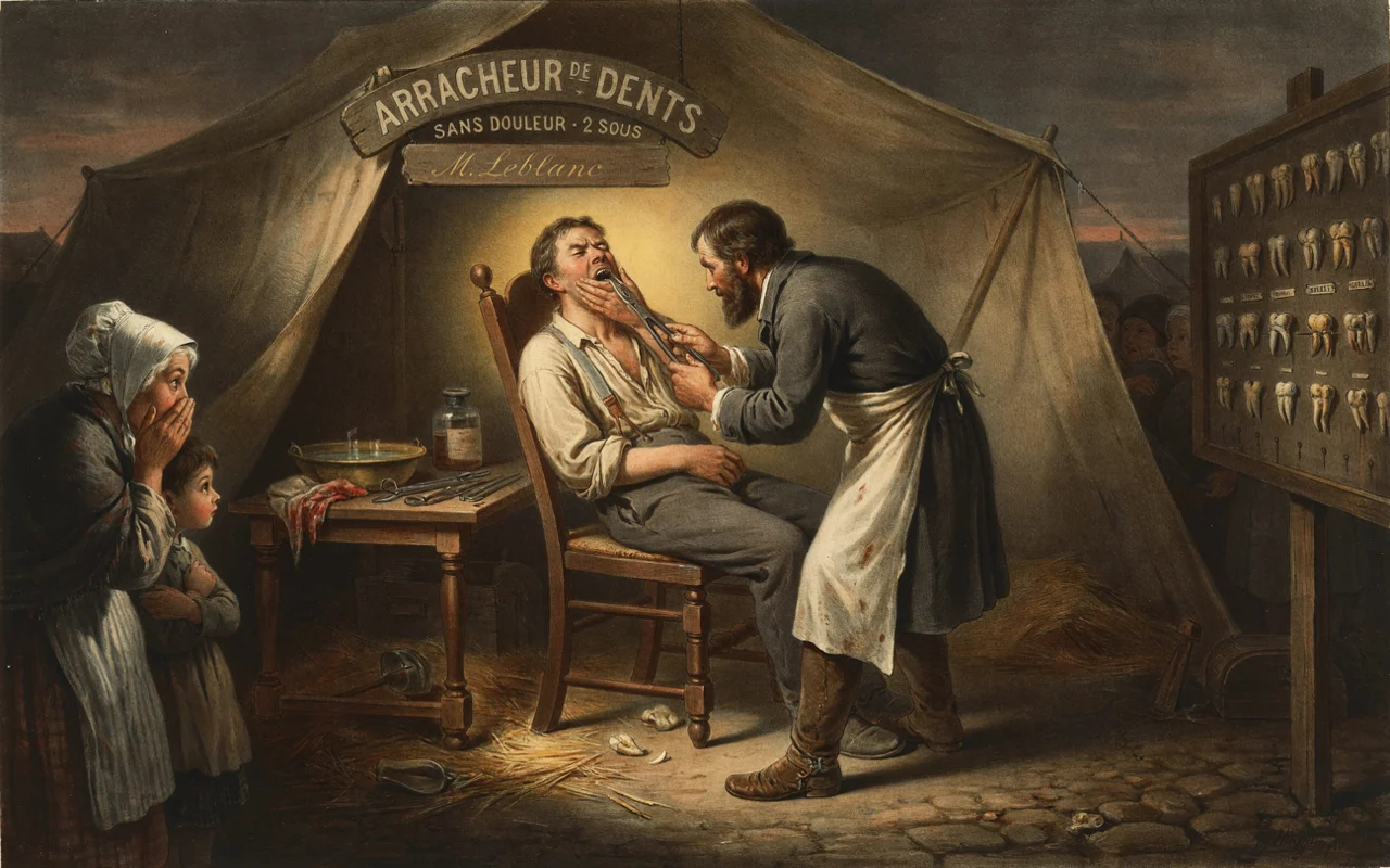 Peinture représentant un homme réalisant une extraction dentaire à un patient assis dans un abri de campagne.