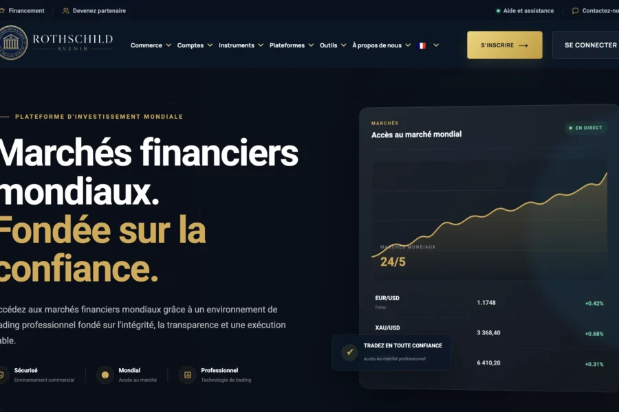 Capture d'écran du site Bluebell montrant un graphique de performance et le slogan Marchés financiers mondiaux fondée sur la confiance.