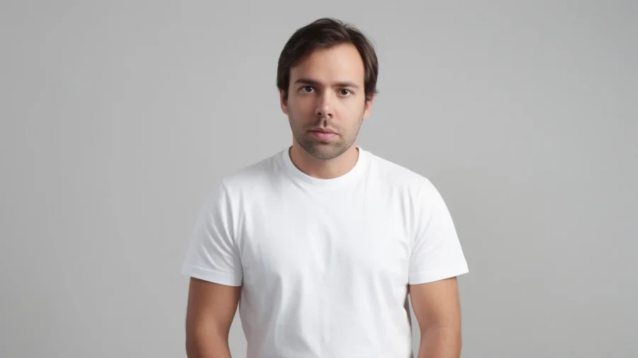 Jeune homme aux cheveux bruns portant un t-shirt blanc sur fond gris neutre.