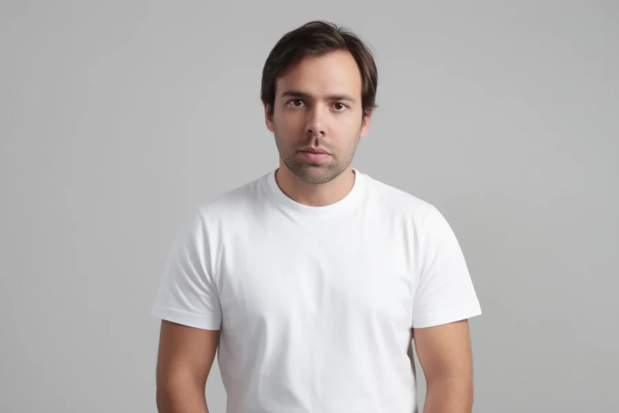 Jeune homme aux cheveux bruns portant un t-shirt blanc sur fond gris neutre.