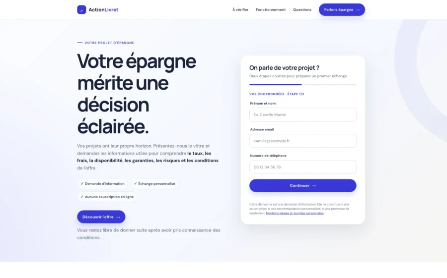 Capture d'écran d'un site avec le titre Votre épargne mérite une décision éclairée et un formulaire d'inscription.