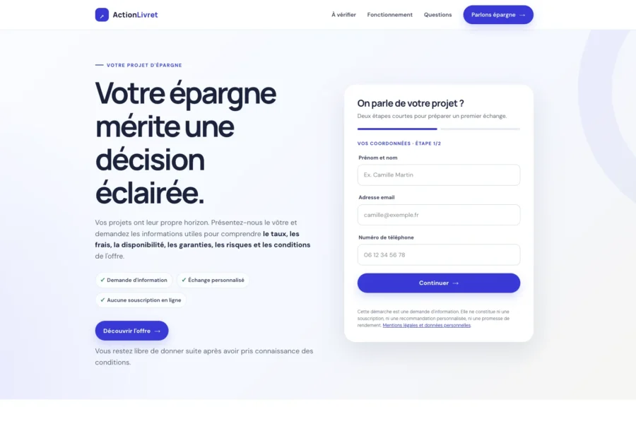 Capture d'écran d'un site avec le titre Votre épargne mérite une décision éclairée et un formulaire d'inscription.