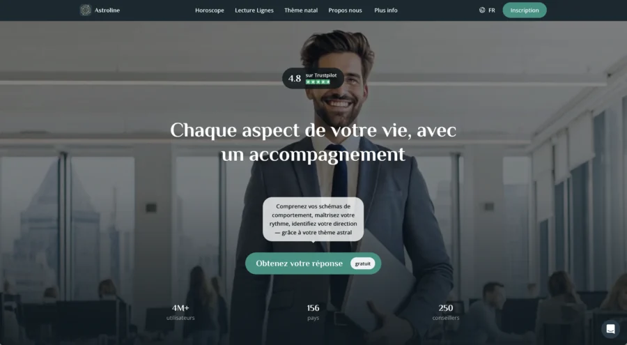Page d'accueil du site Sapiens présentant un accompagnement de vie via une interface sur overlay photographique.