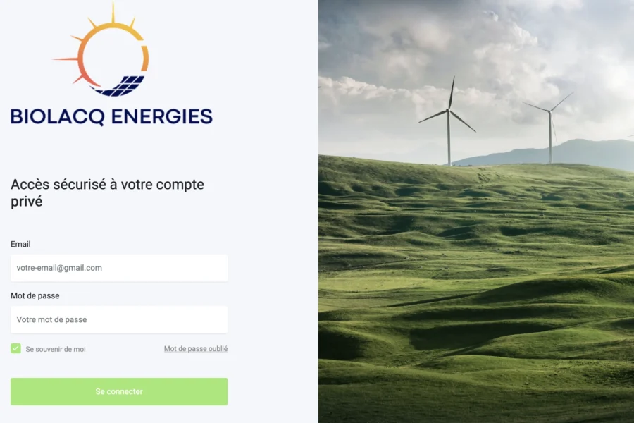 Interface Web de connexion avec le logo Biolaq Energies et une illustration de souffleries éoliennes sur une colline.