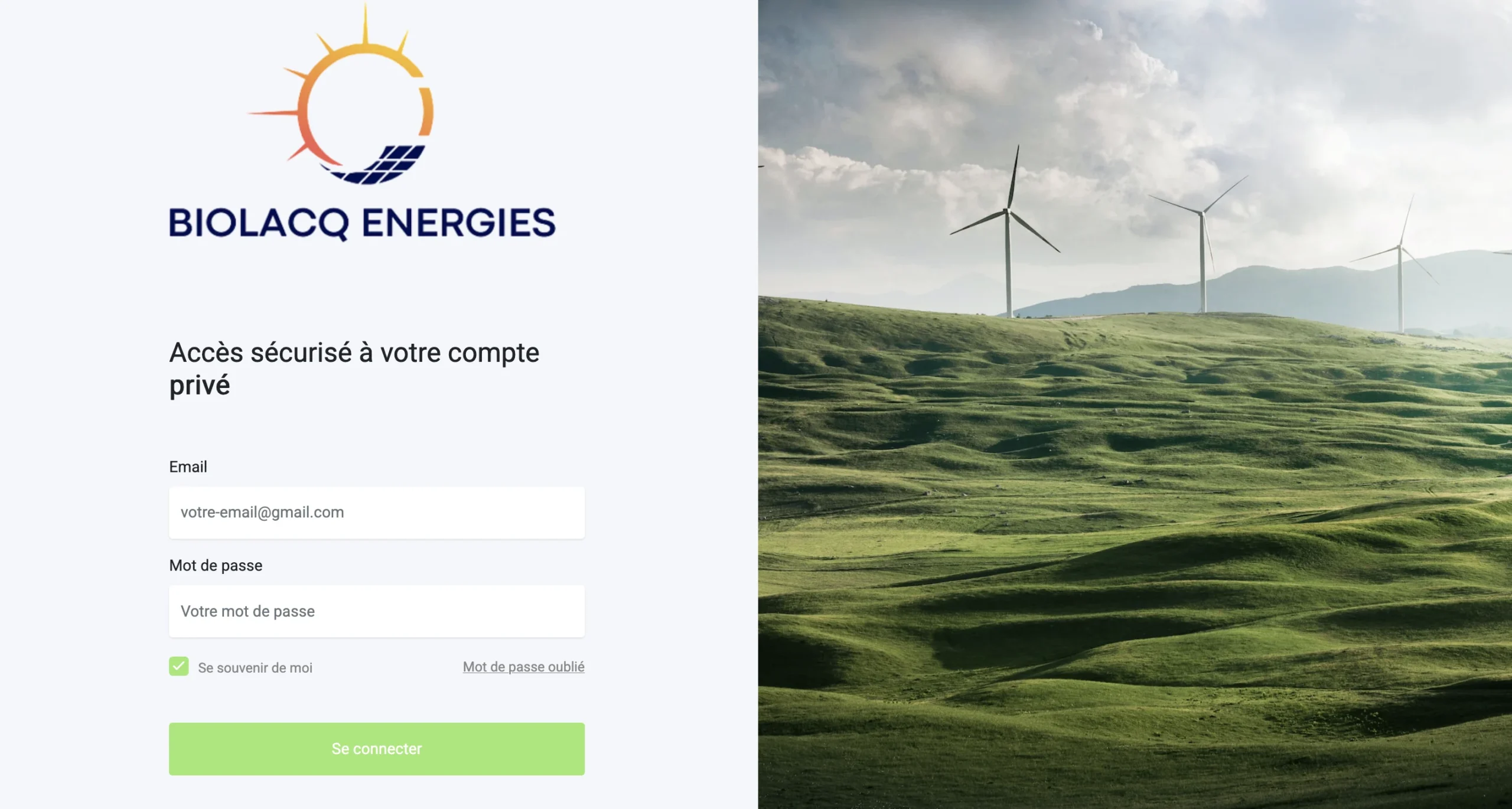 Interface Web de connexion avec le logo Biolaq Energies et une illustration de souffleries éoliennes sur une colline.