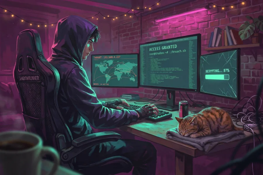Une personne avec un chapeau devant un bureau avec des écrans affichant une carte du monde et du code. Un chat dort sur un livre.
