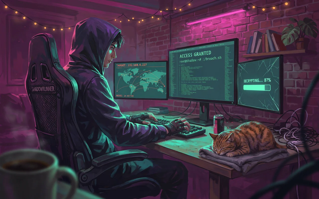 Une personne avec un chapeau devant un bureau avec des écrans affichant une carte du monde et du code. Un chat dort sur un livre.