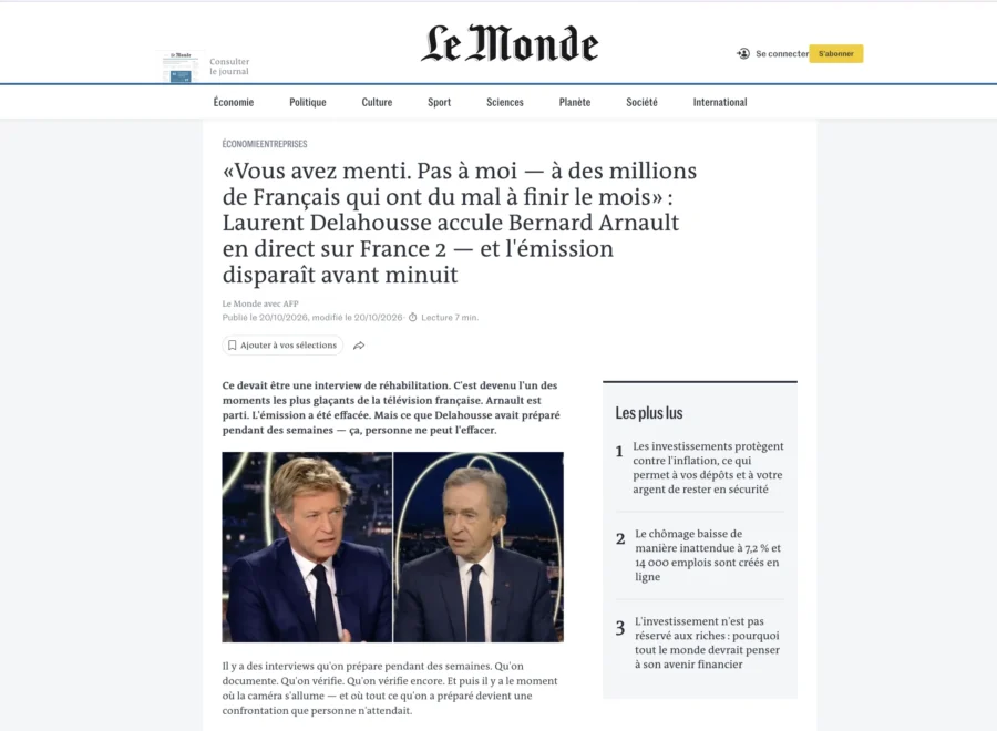 Capture d'écran de l'article du Monde concernant la polémique entre Laurent Delahousse et Bernard Arnault sur France 2.