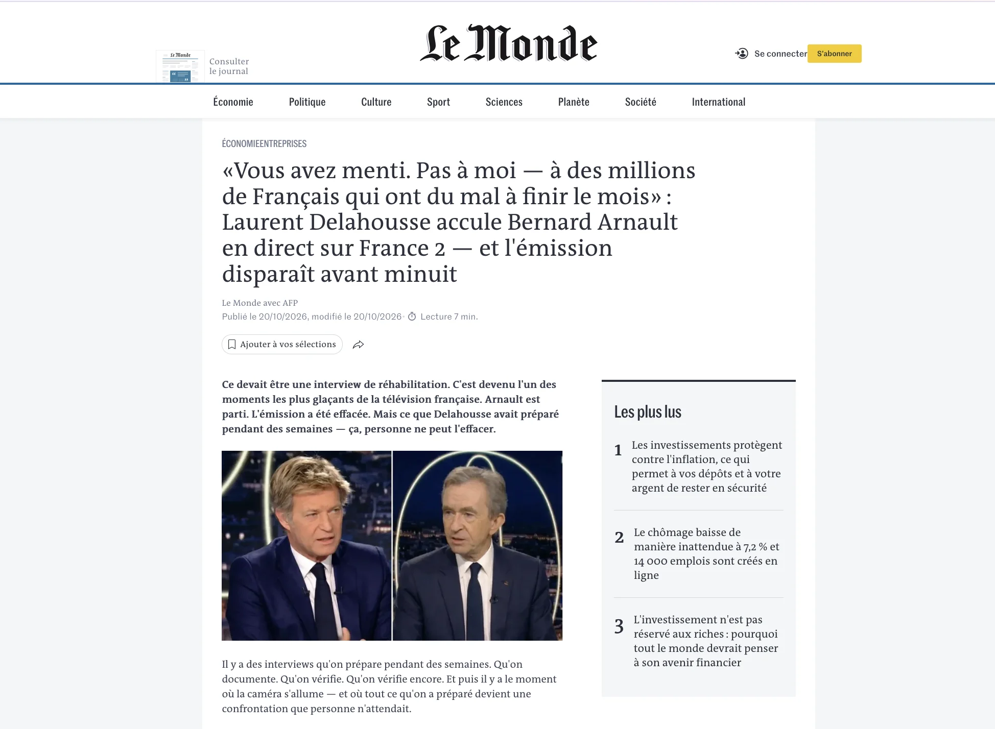 Capture d'écran de l'article du Monde concernant la polémique entre Laurent Delahousse et Bernard Arnault sur France 2.