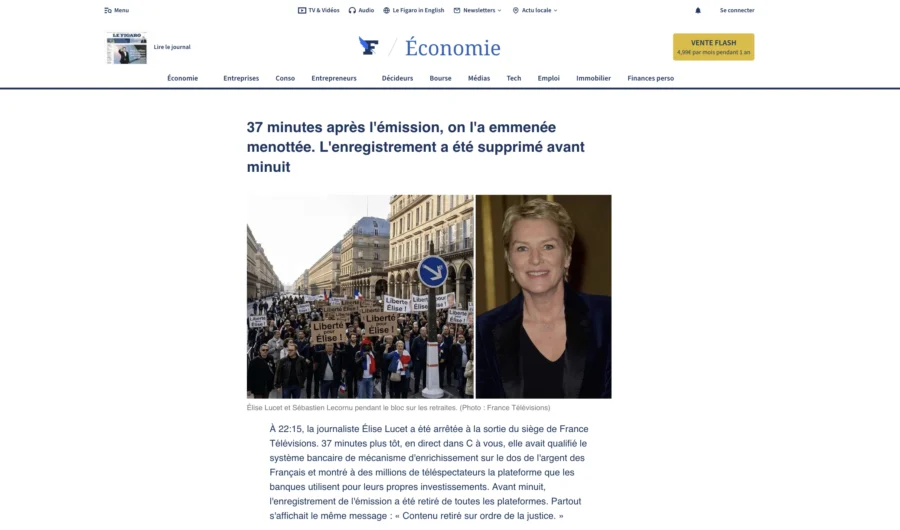 Article traitant d'une censure judiciaire avec l'effigie d'une femme en portrait.