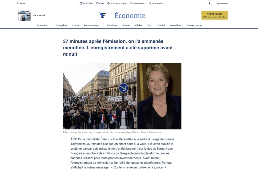 Article traitant d'une censure judiciaire avec l'effigie d'une femme en portrait.