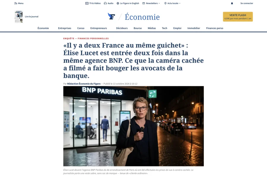 Capture d'un article du Figaro montrant l'entrée d'un BNP Paribas et le texte d'un reportage sur une caméra cachée.