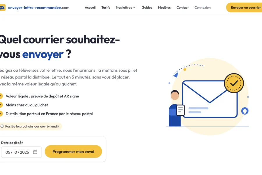 Interface web permettant de sélectionner un mode d’envoi de courrier avec illustration d’une enveloppe validée.