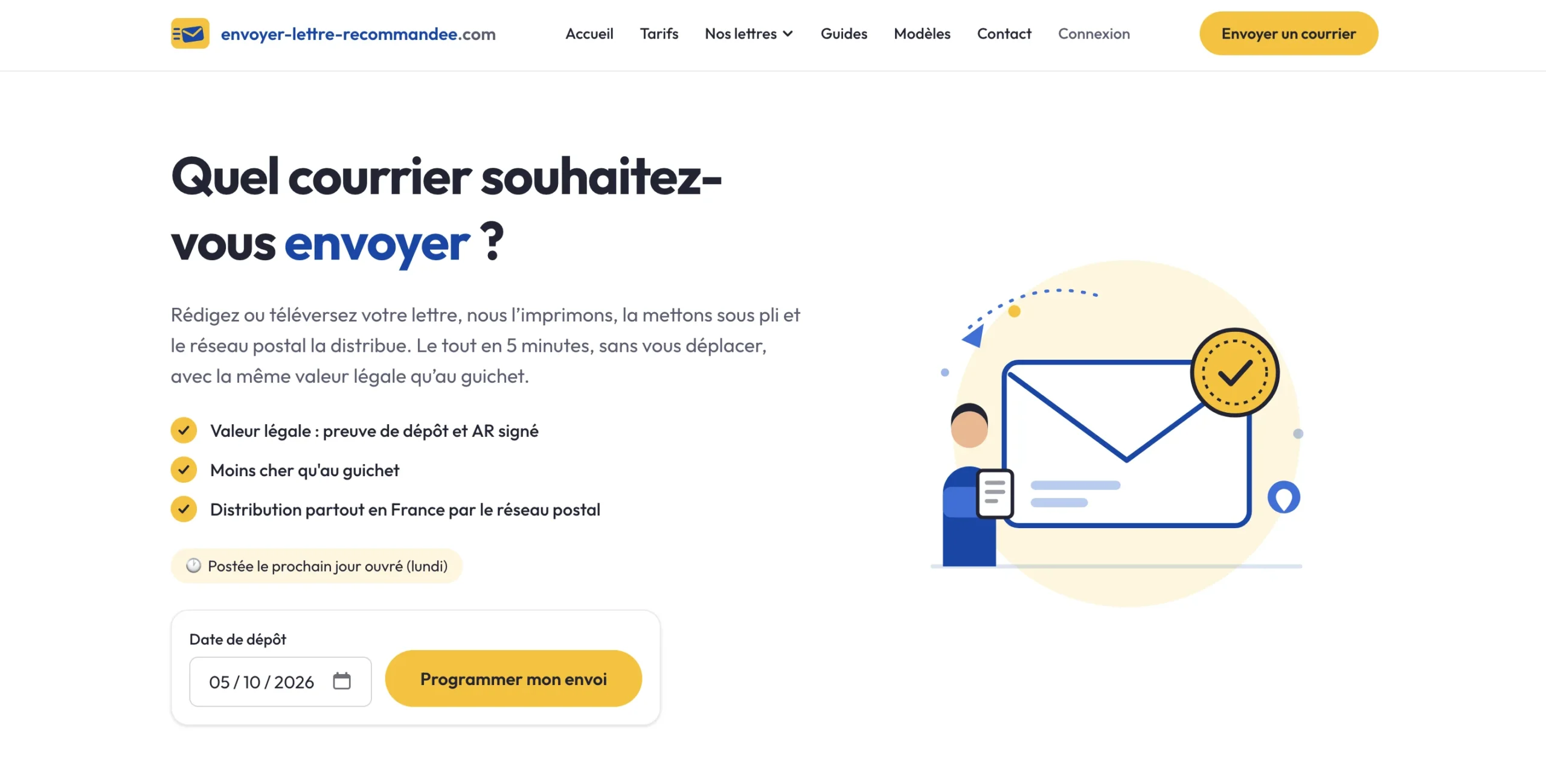Interface web permettant de sélectionner un mode d’envoi de courrier avec illustration d’une enveloppe validée.