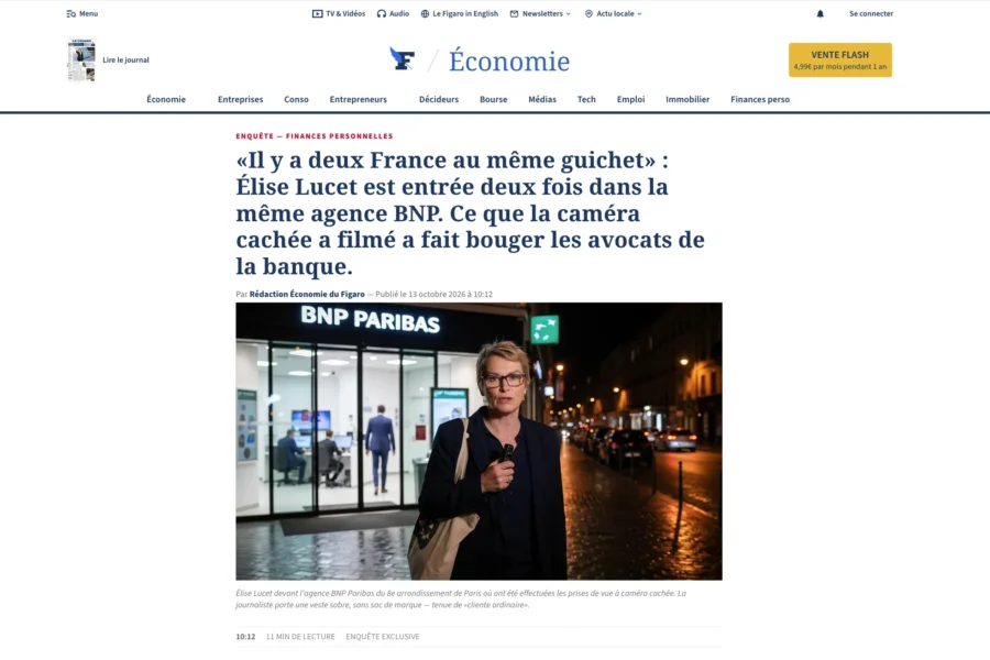 Article économique du Figaro concernant une caméra cachée dans une agence BNP Paribas, illustré par une femme devant une agence bancaire de nuit.