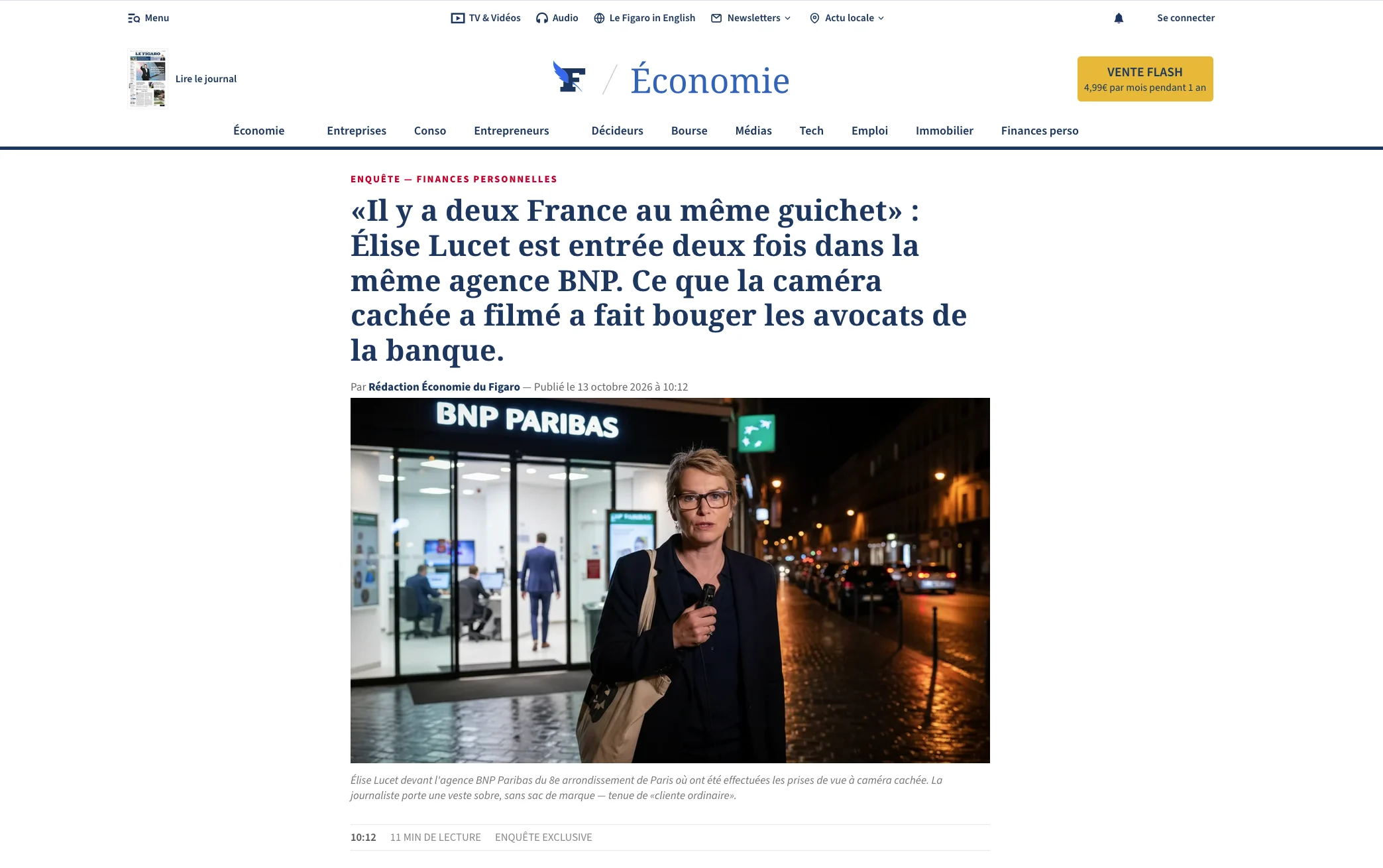 Article économique du Figaro concernant une caméra cachée dans une agence BNP Paribas, illustré par une femme devant une agence bancaire de nuit.