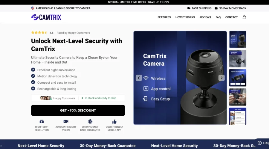Interface web de la marque CamTrix présentant une caméra de sécurité, des accolades de fonctionnalités et un bouton d'offre.