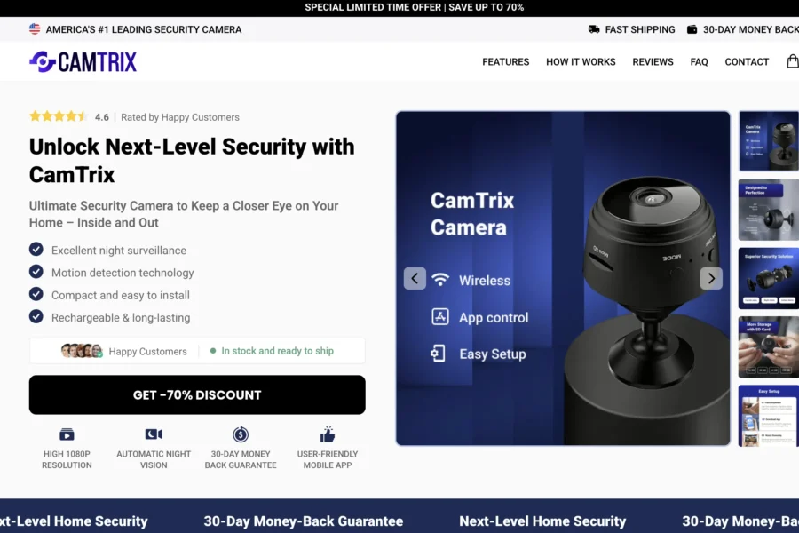 Interface web de la marque CamTrix présentant une caméra de sécurité, des accolades de fonctionnalités et un bouton d'offre.