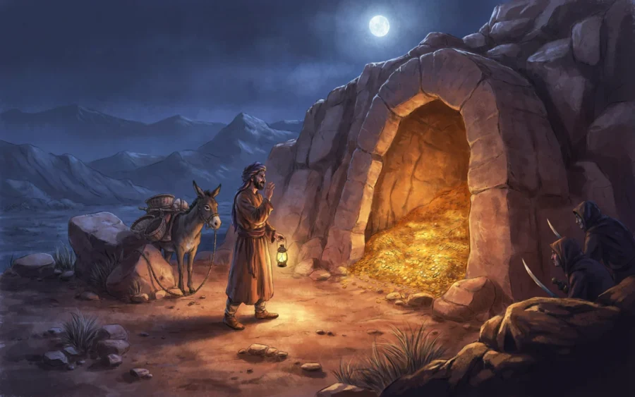 Illustration d'une taverne rustique de montagne illuminée la nuit par un aubergiste tenant une lanterne.