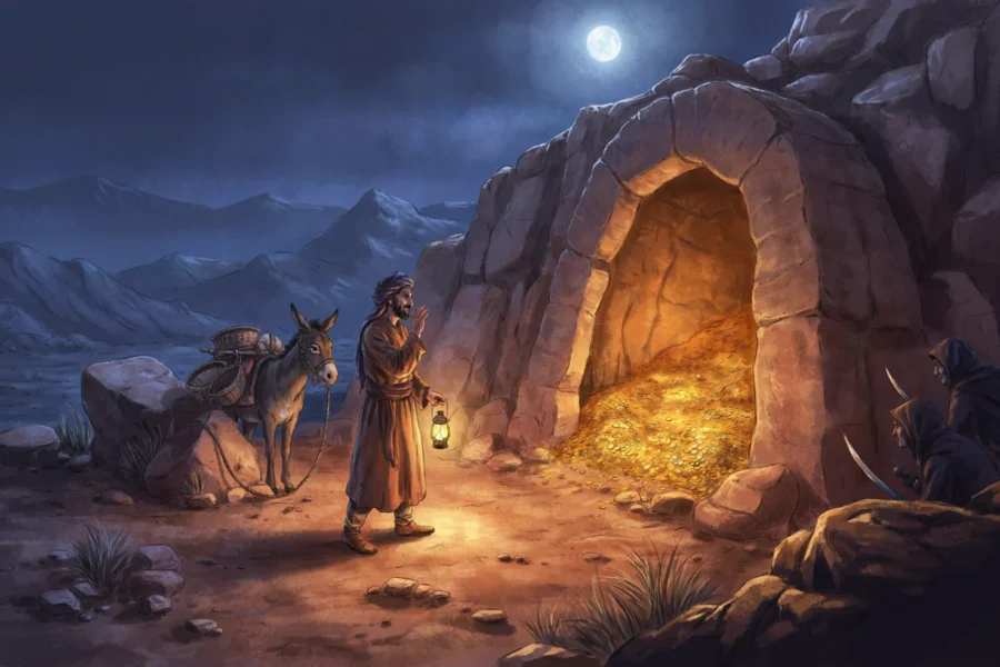 Illustration d'une taverne rustique de montagne illuminée la nuit par un aubergiste tenant une lanterne.