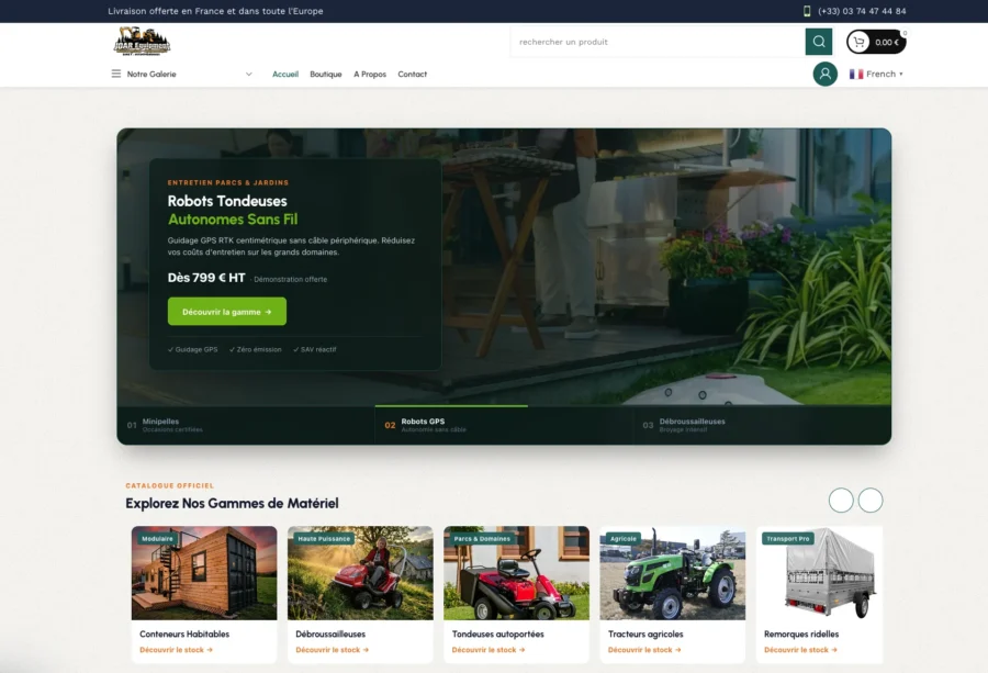 Aperçu du site marchand avec bannière publicitaire verte et section de catégories de matériel agricole.