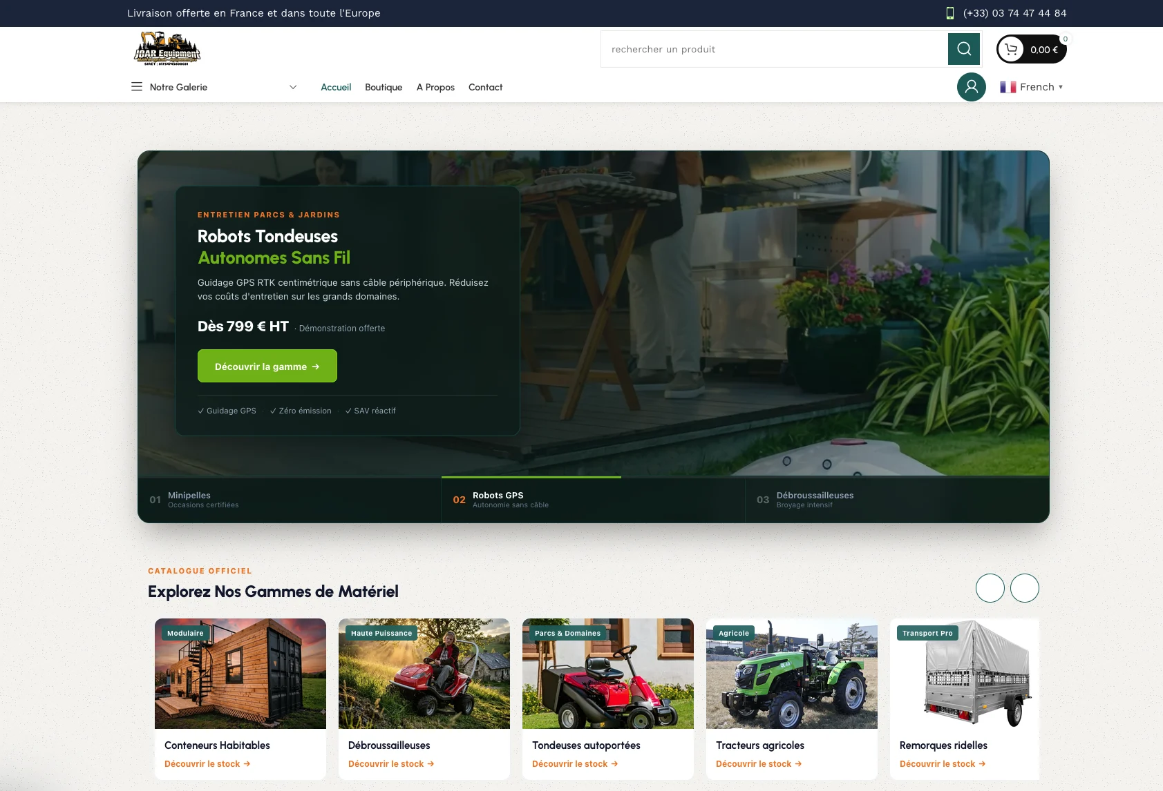 Aperçu du site marchand avec bannière publicitaire verte et section de catégories de matériel agricole.