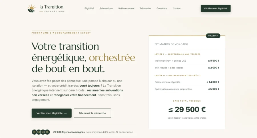 Page web La Transition Énergétique affichant le titre « Votre transition énergétique, orchestrée de bout en bout » et un récapitulatif de prix à moins de 29 500 €.