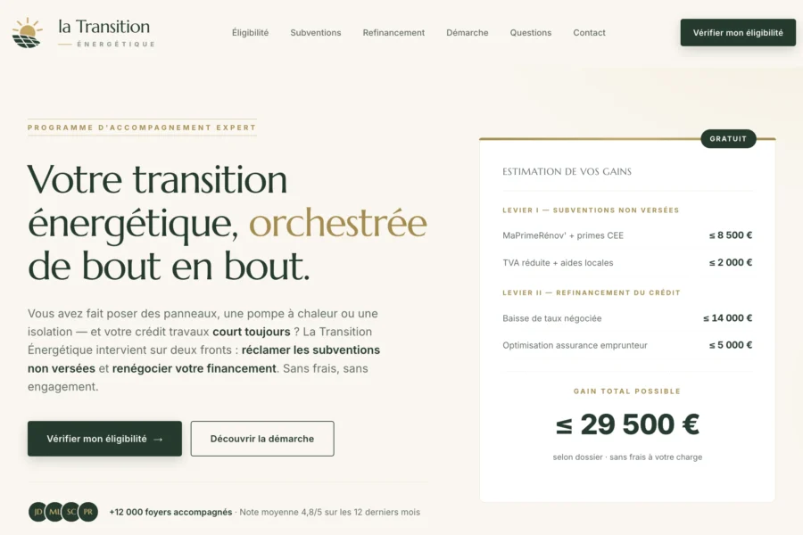 Page web La Transition Énergétique affichant le titre « Votre transition énergétique, orchestrée de bout en bout » et un récapitulatif de prix à moins de 29 500 €.
