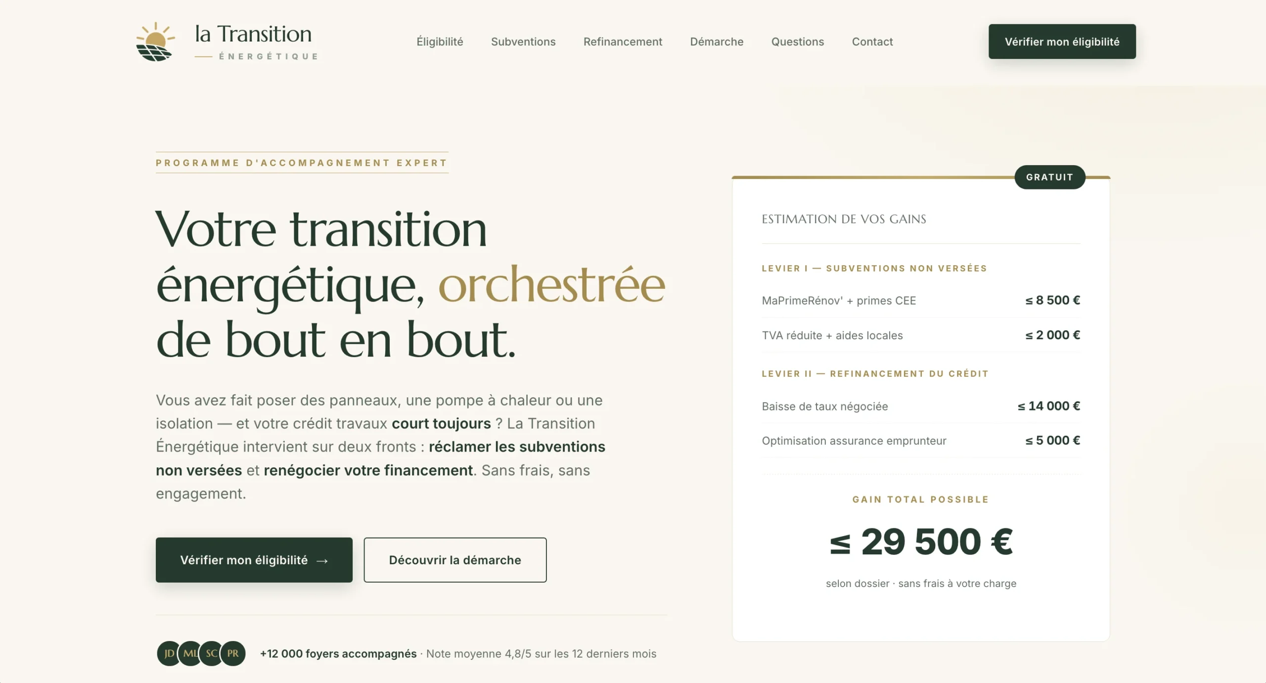 Page web La Transition Énergétique affichant le titre « Votre transition énergétique, orchestrée de bout en bout » et un récapitulatif de prix à moins de 29 500 €.