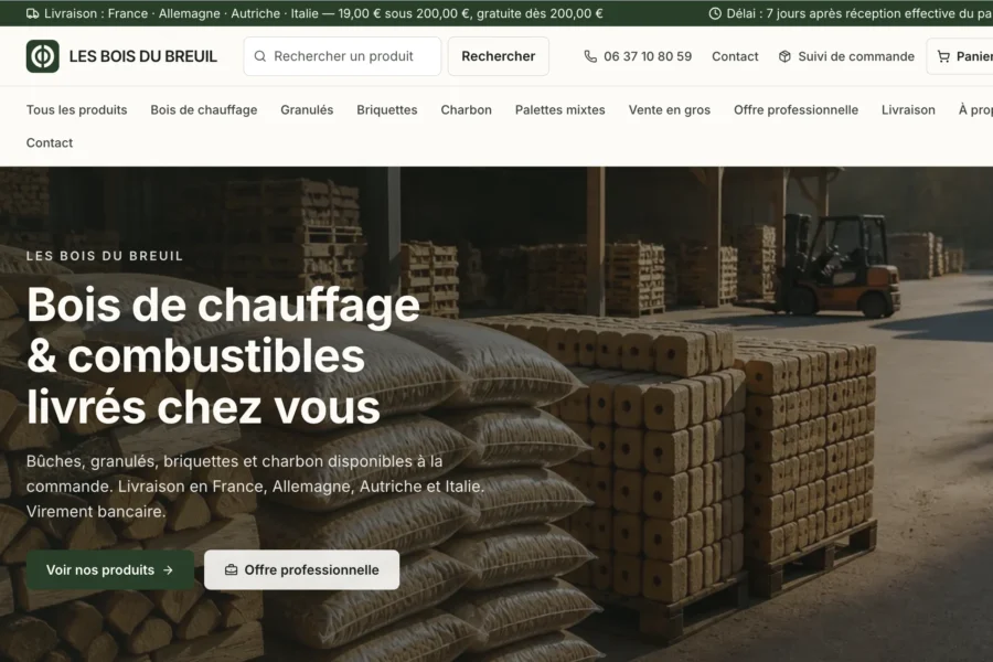 Page d'accueil du site Les Bois du Bueil affichant des bûches sur palettes et un chariot élévateur en entrepôt.